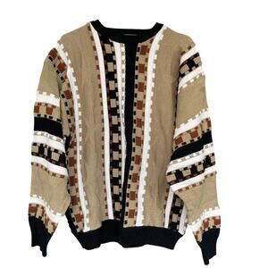 Vintage Bachrach Sweater Mens Large Tan Black 3D Knit Chunky Geometric 90s